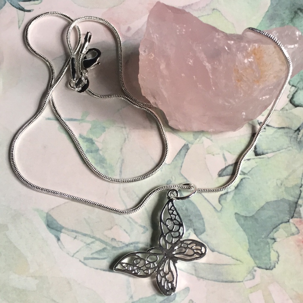 New! Sterling Silver Butterfly Pendant Necklace - Picture 2 of 8